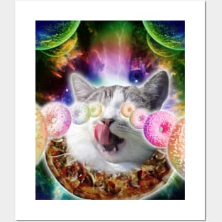 Funny Space Pizza Cat With Rainbow Laser Donut Eyes Posters and Art